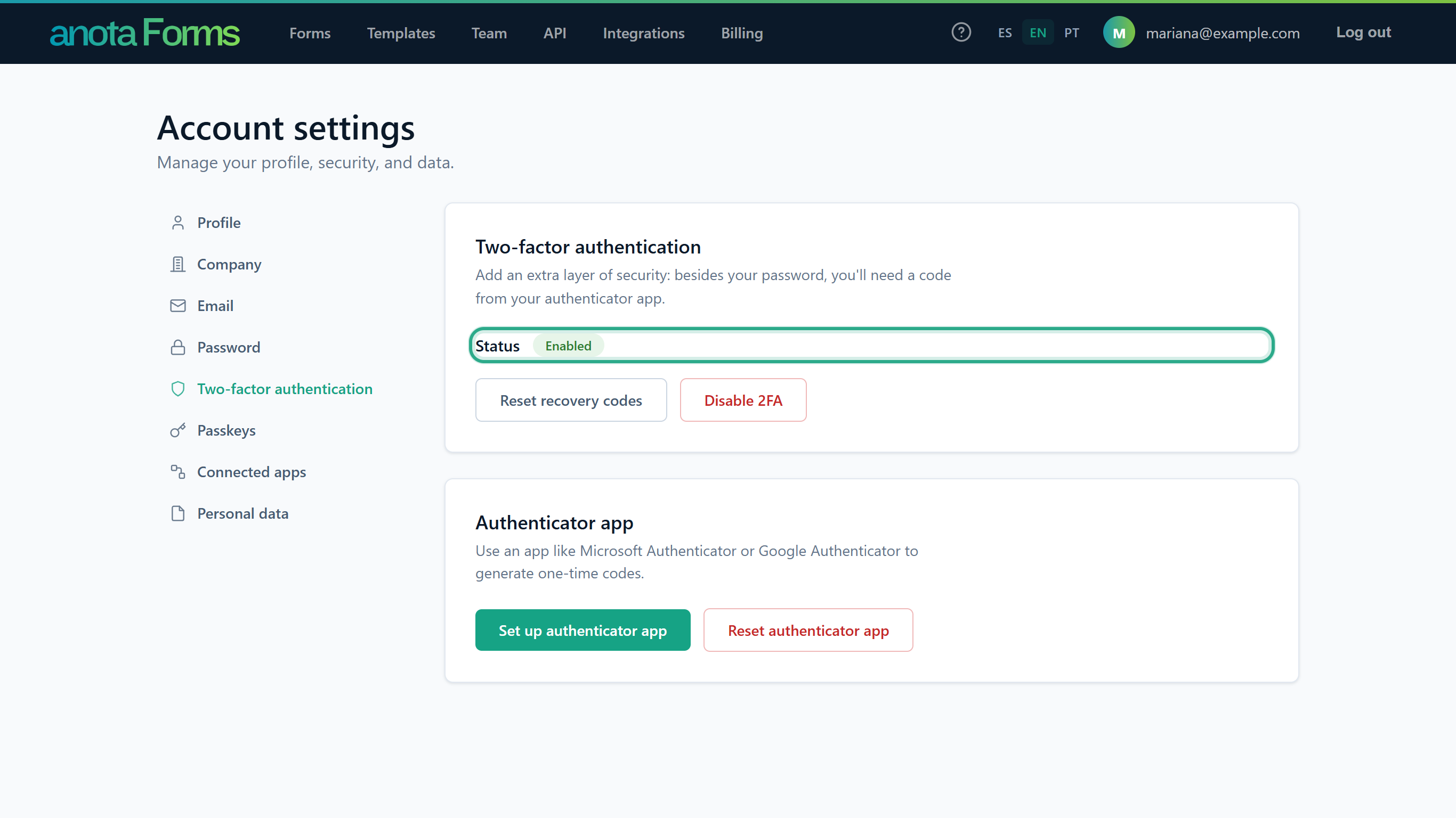 The Two-factor authentication section with Status Enabled outlined, the Reset recovery codes and Disable 2FA buttons, and the Authenticator app card