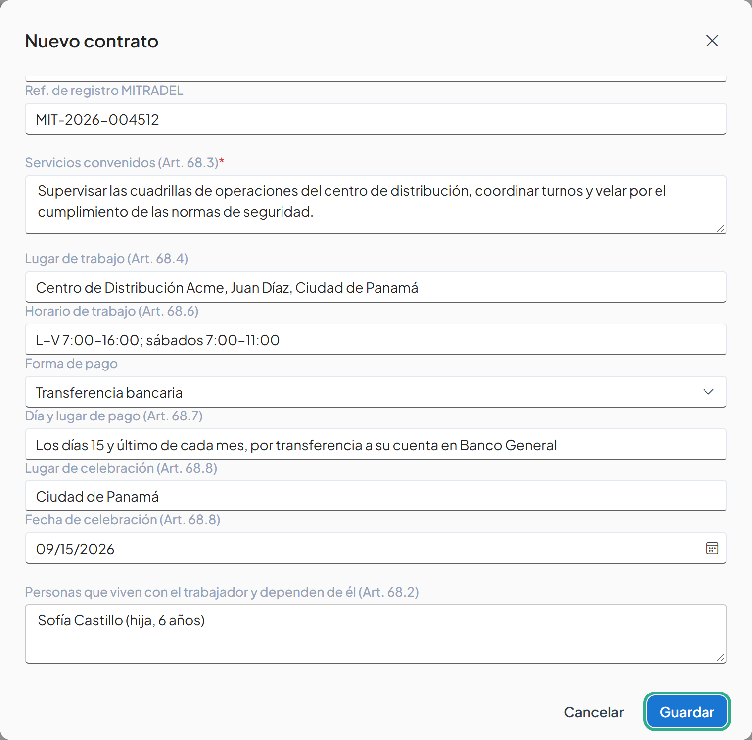Cuadro Nuevo contrato completo con el botón Guardar resaltado