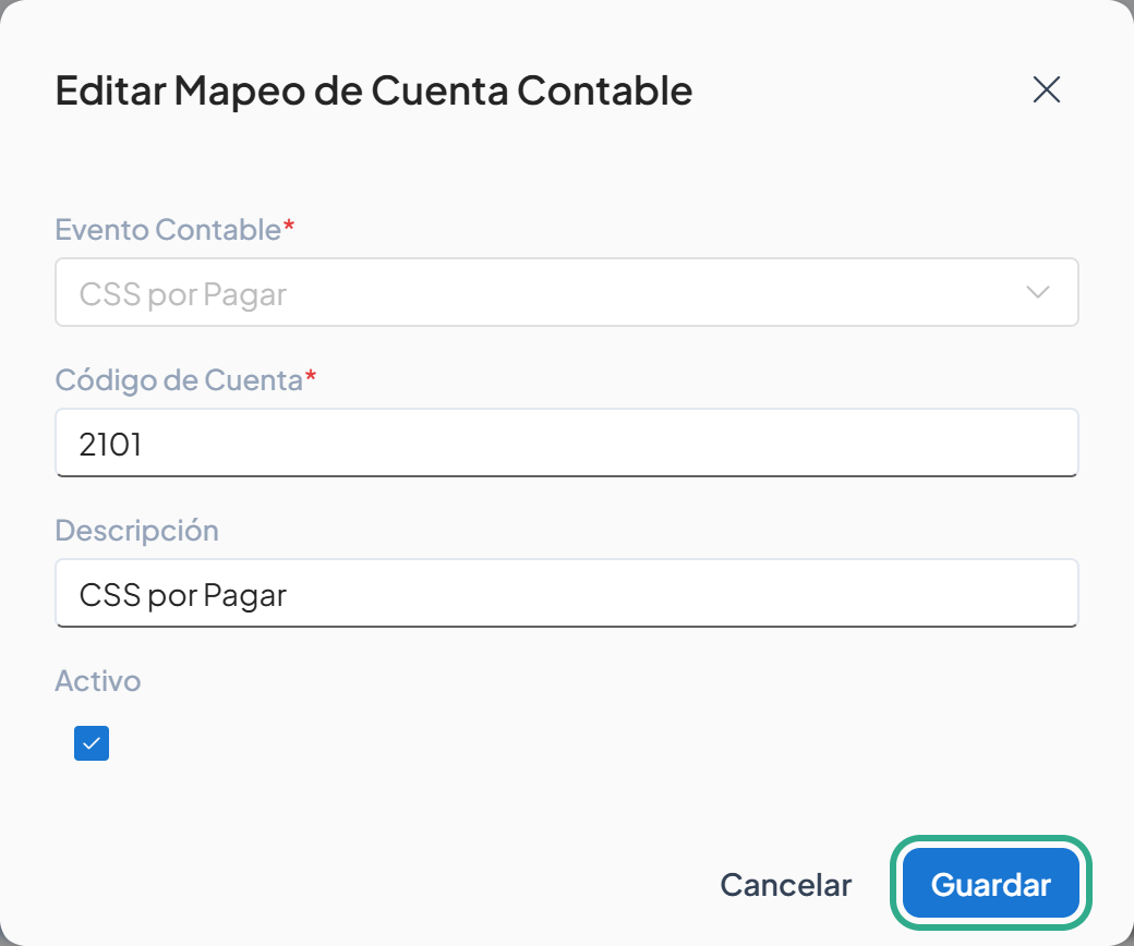 Cuadro Editar Mapeo de Cuenta Contable con el botón Guardar resaltado