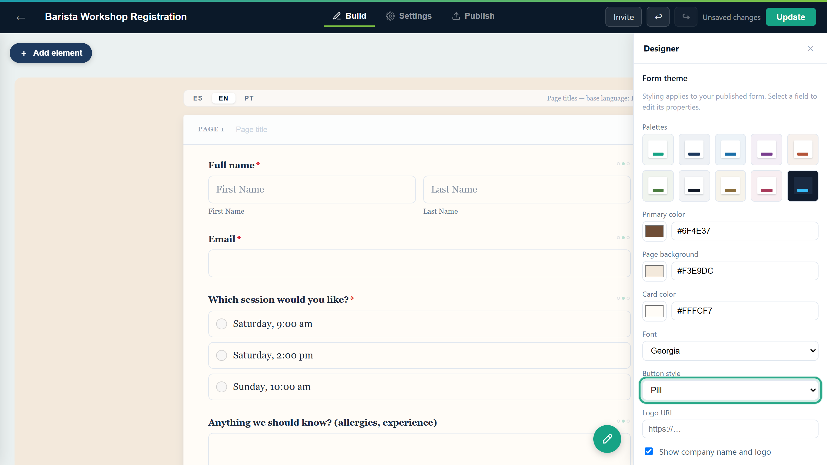 The Button style dropdown set to Pill, outlined