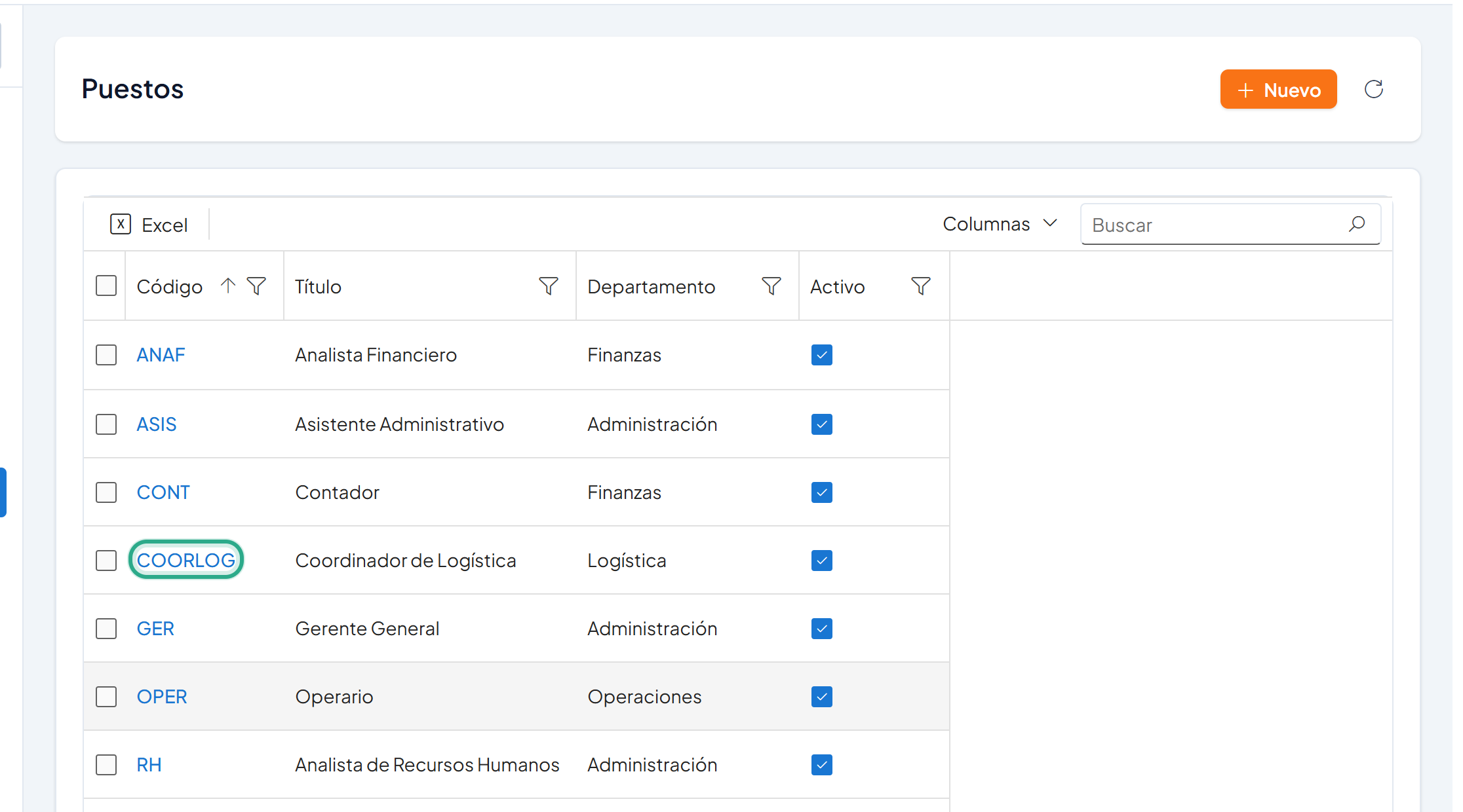Lista de puestos con el código COORLOG resaltado