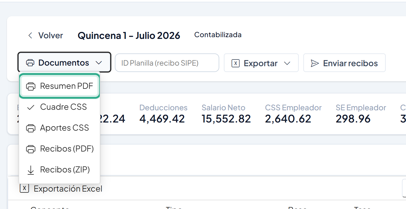 Menú Documentos abierto con las opciones Resumen PDF, Cuadre CSS, Aportes CSS, Recibos (PDF) y Recibos (ZIP); Resumen PDF resaltado