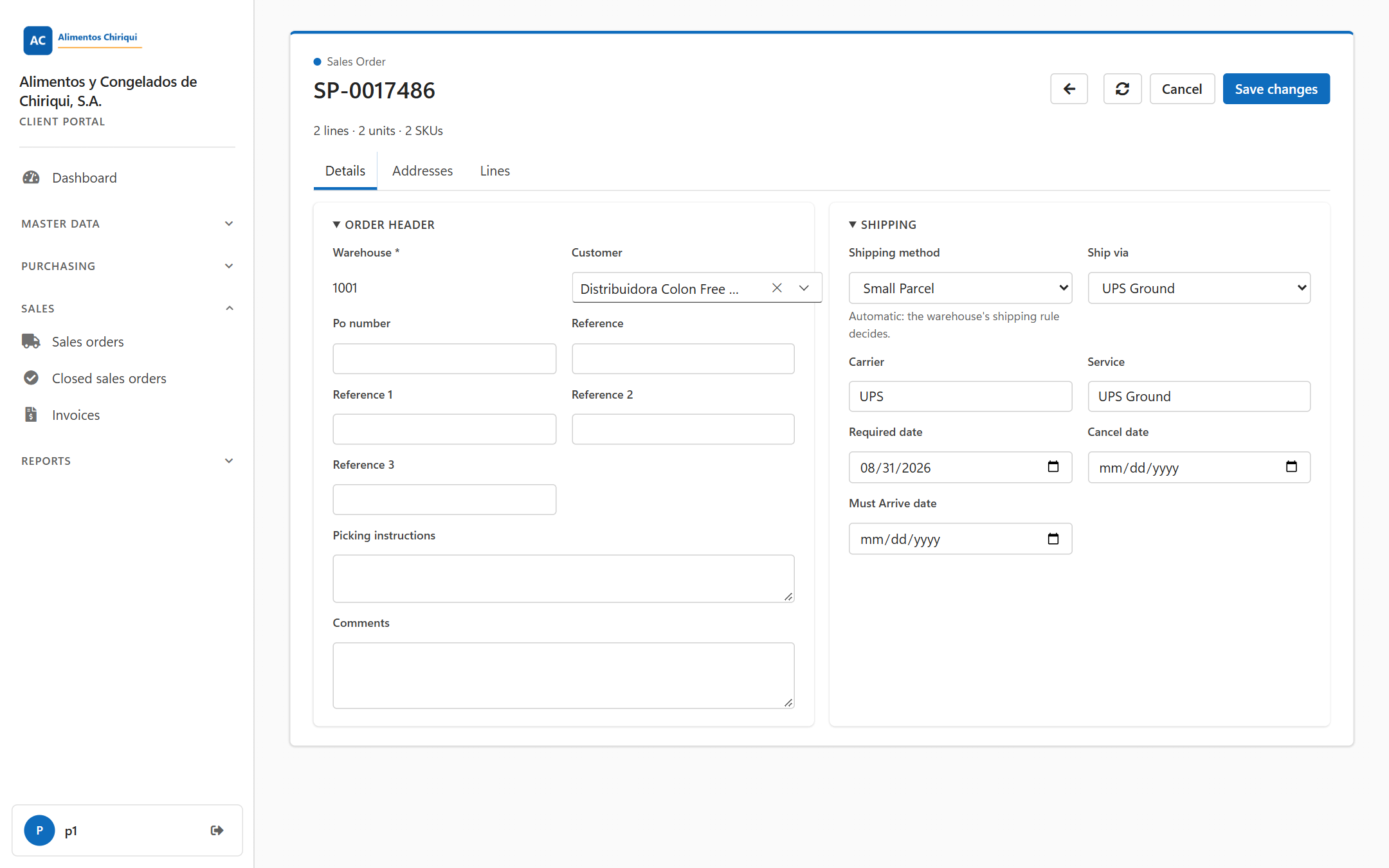 An Unallocated order open in the editor, with the order number as the title and the Save changes button