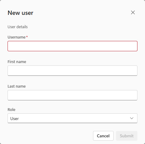 The New user dialog with Username, First name, Last name and Role