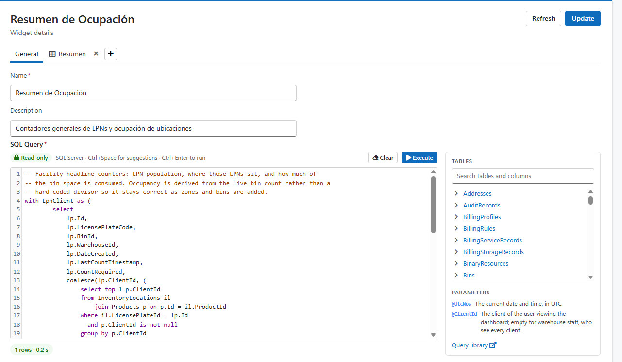 The General tab: Name and Description, then the SQL editor with its Read-only badge, Clear and Execute buttons, the Tables panel and the parameters, and the row count of the last Execute under it