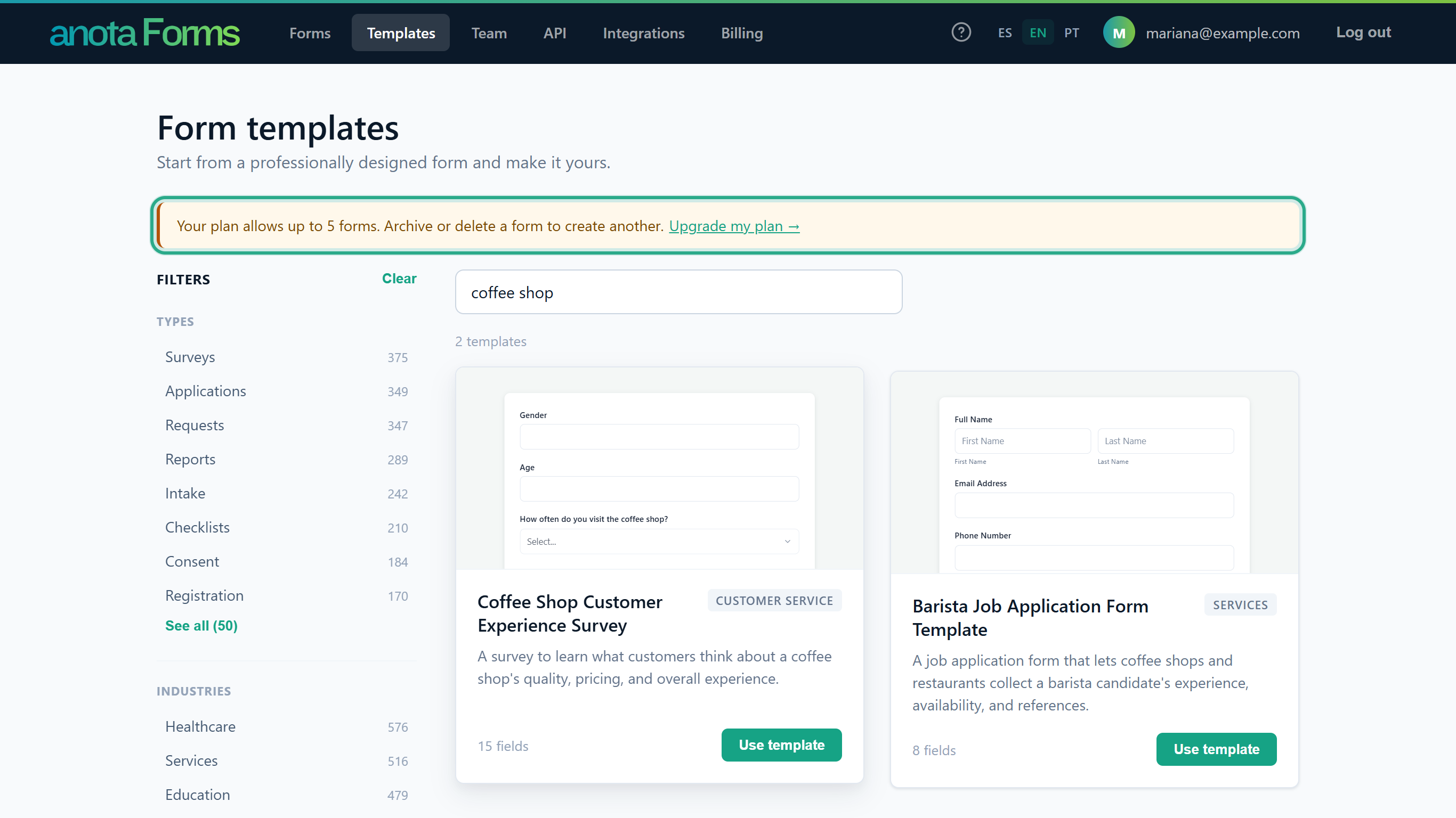 The Form templates page with the message Your plan allows up to 5 forms. Archive or delete a form to create another. and the Upgrade my plan link, outlined