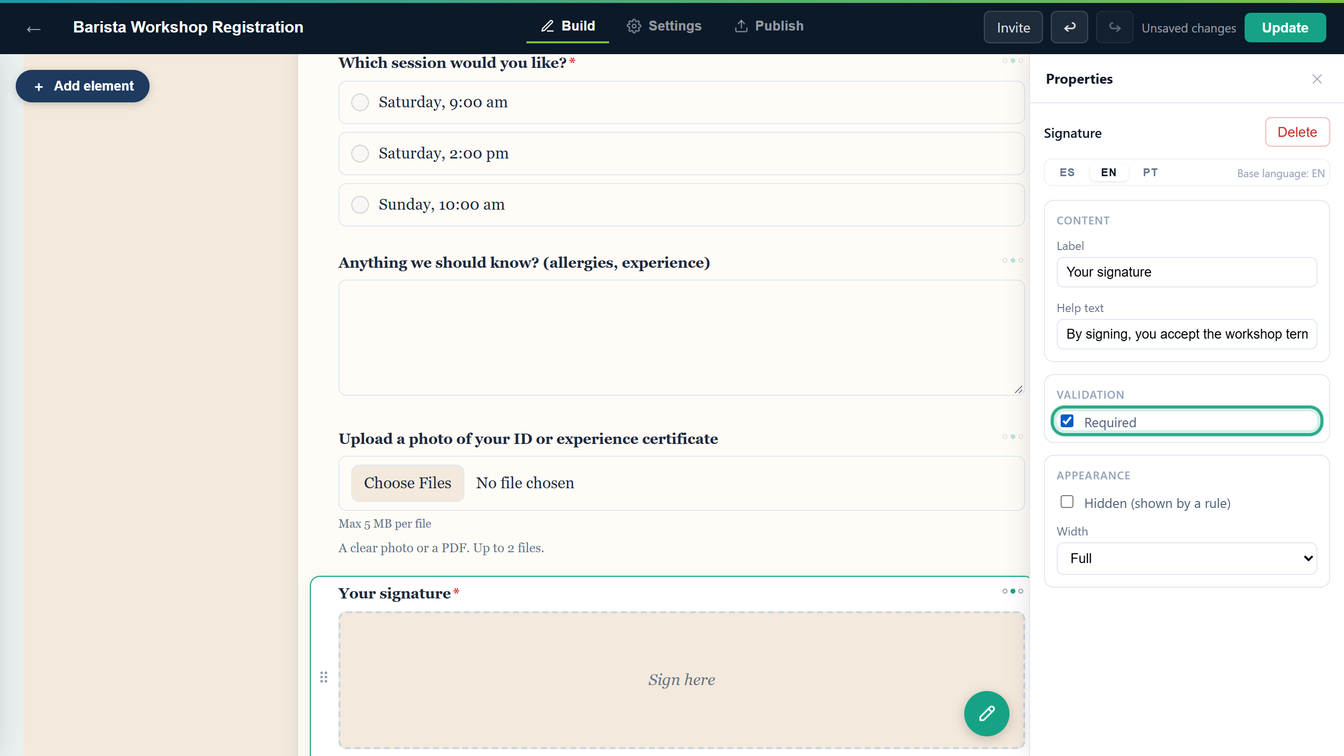 The Signature field's Properties panel, with Label Your signature, the Help text and the Required option ticked and outlined
