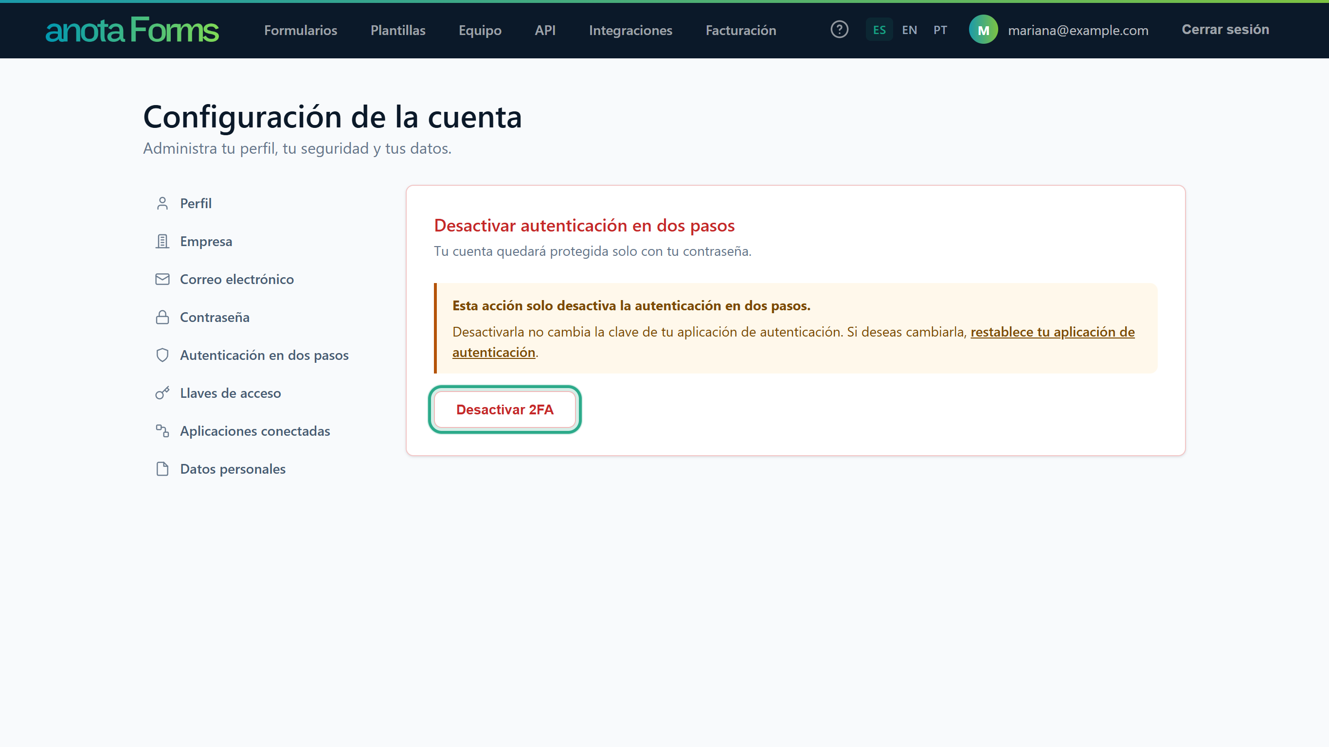 La tarjeta Desactivar autenticación en dos pasos con el aviso Esta acción solo desactiva la autenticación en dos pasos. y el botón Desactivar 2FA resaltado