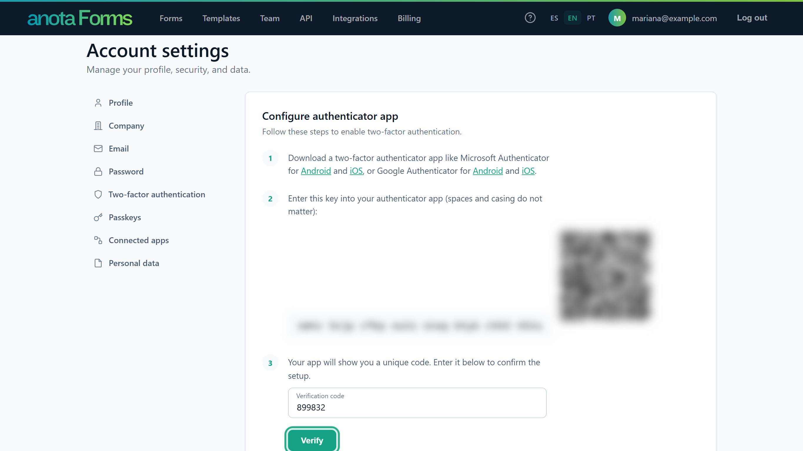 The Verification code box filled in and the Verify button outlined