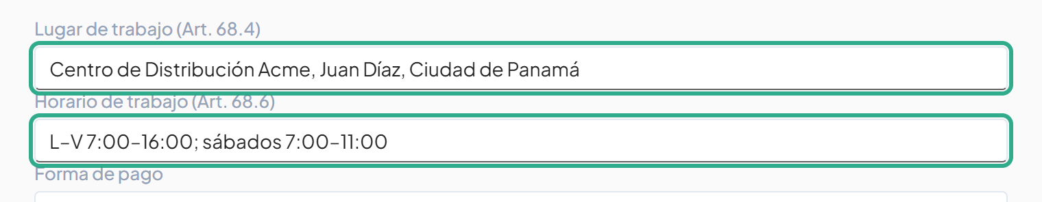 Campos Lugar de trabajo y Horario de trabajo resaltados y completados