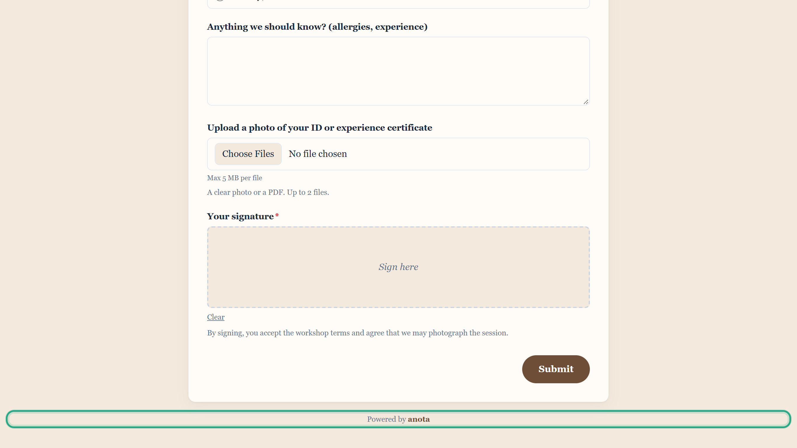 The bottom of the public Barista Workshop Registration form on the Starter plan, with the Powered by anota line outlined below the form card