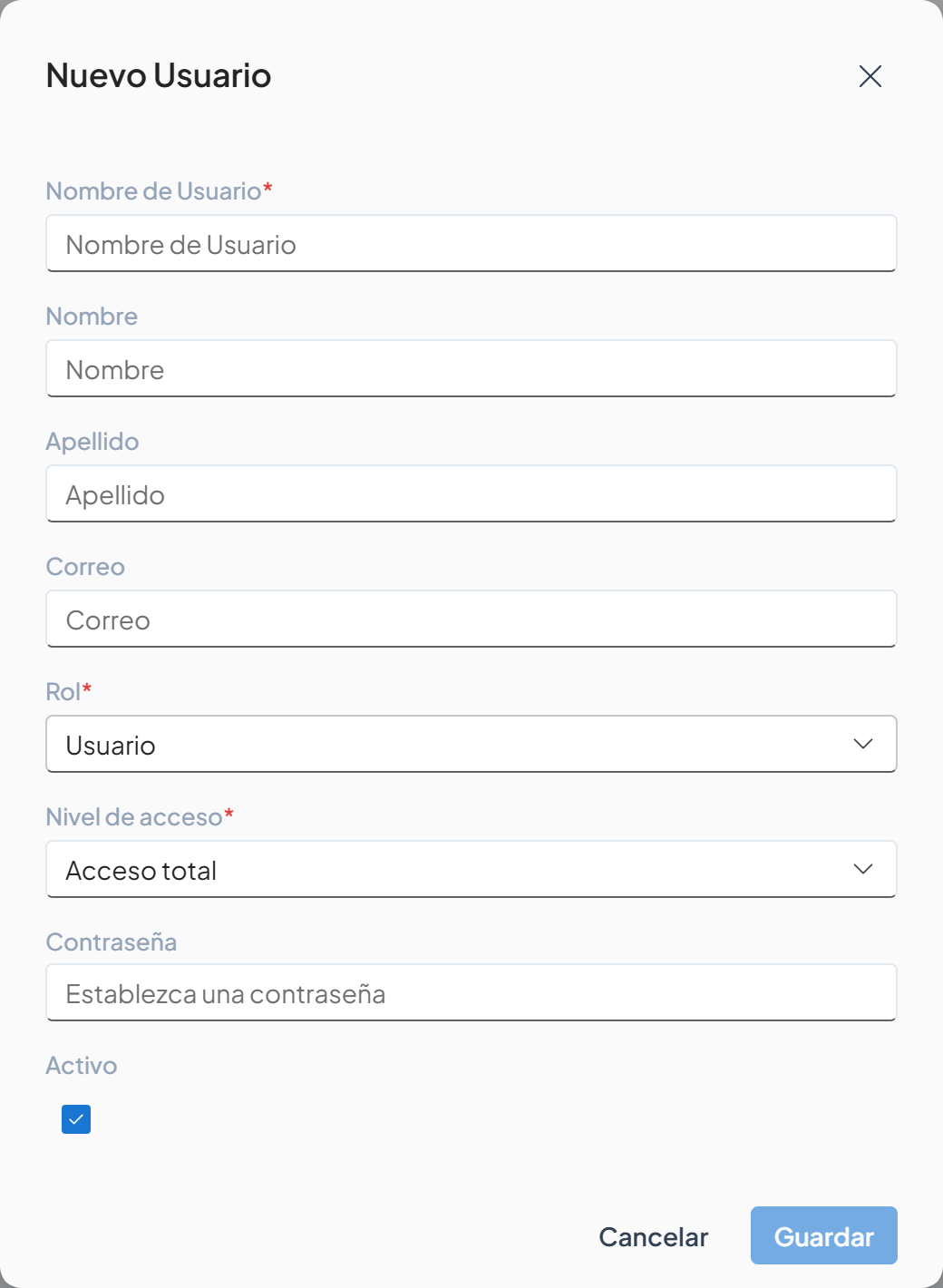 Cuadro Nuevo Usuario con Rol Usuario, Nivel de acceso Acceso total y el campo Contraseña