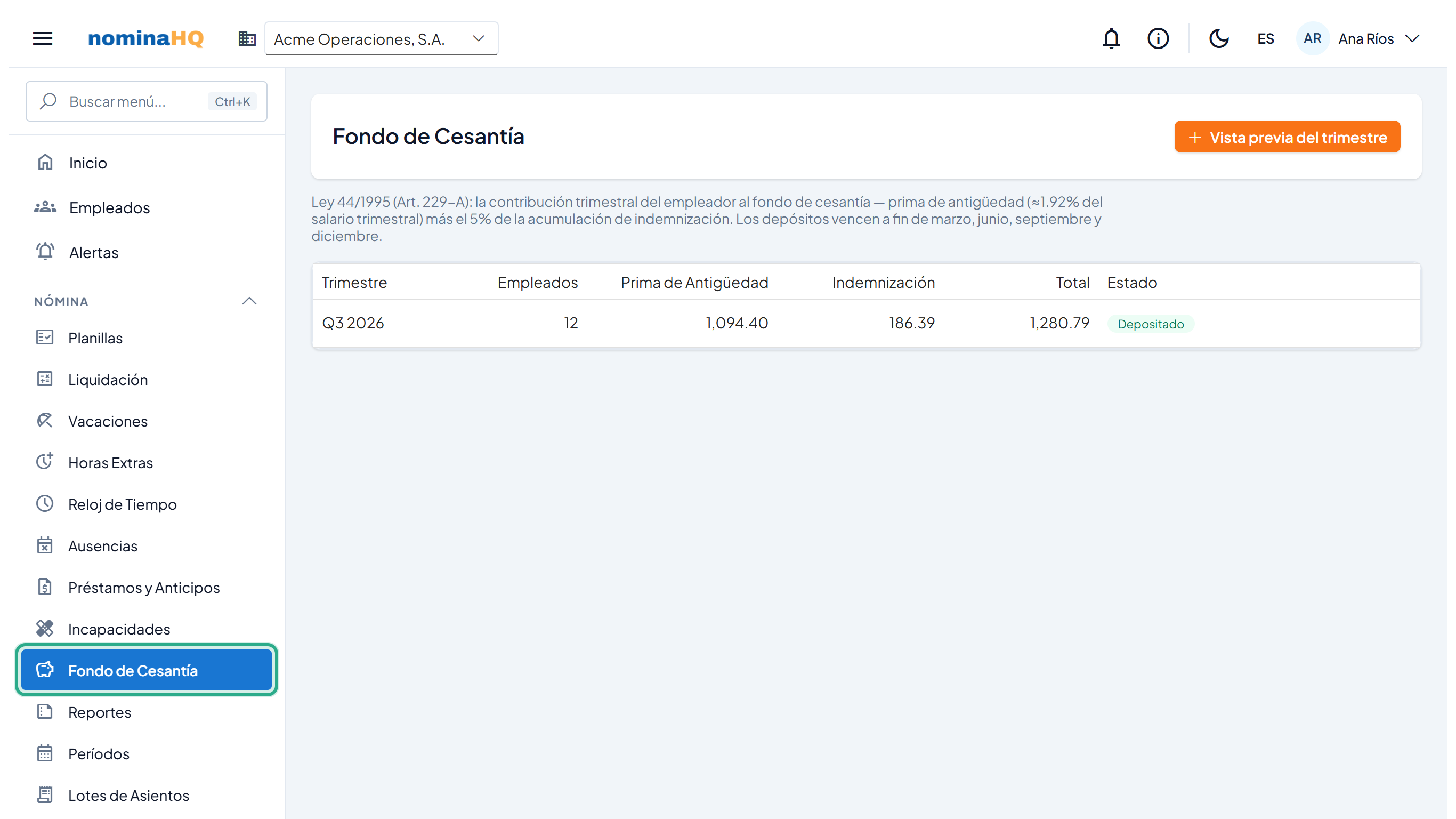 Pantalla Fondo de Cesantía con el menú Nómina → Fondo de Cesantía resaltado