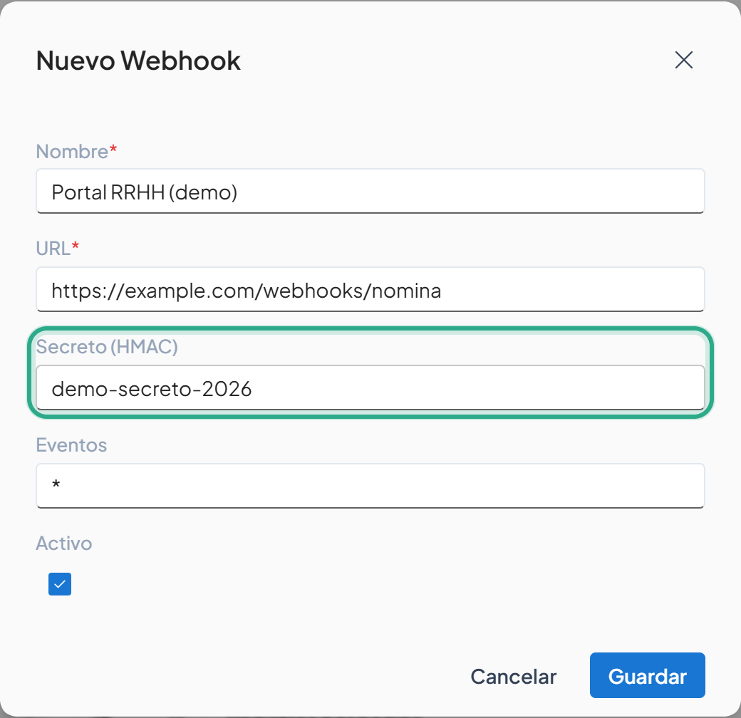 Campo Secreto (HMAC) resaltado con un secreto de ejemplo