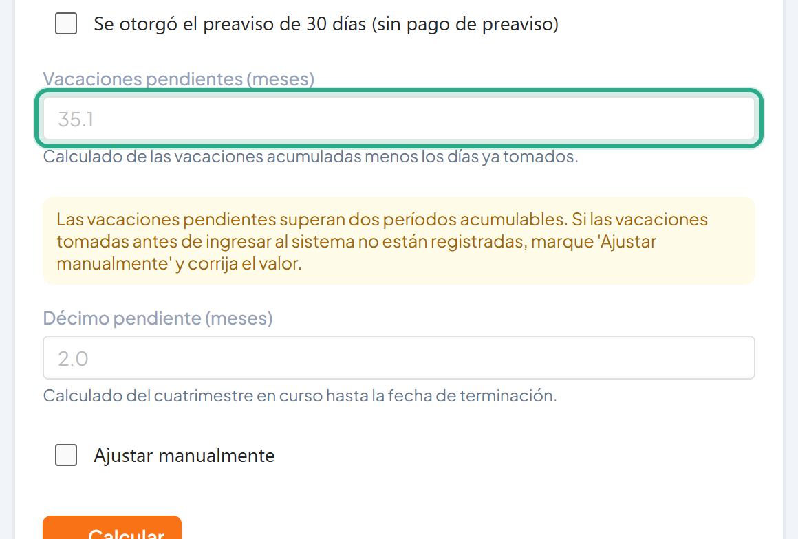 Vacaciones pendientes 35.1 meses con el aviso de que superan dos períodos acumulables, y Décimo pendiente 2.0