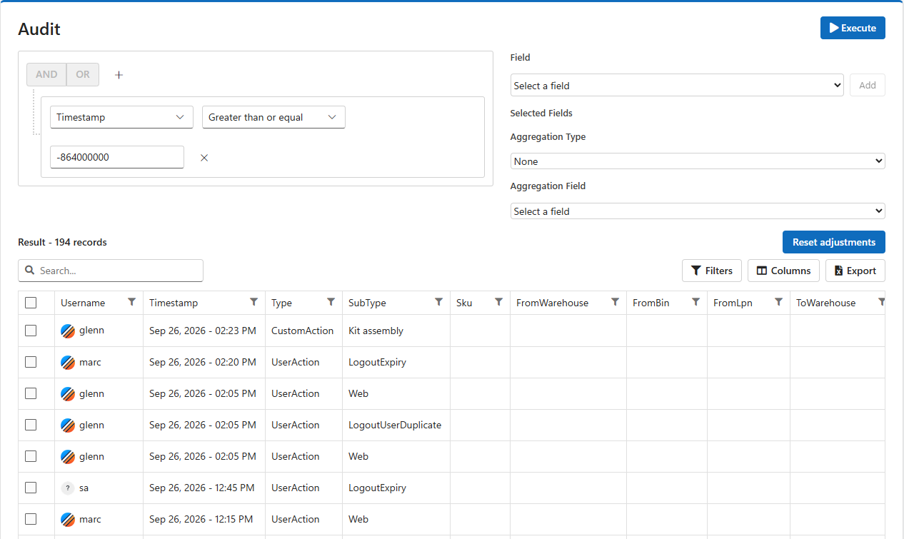 The Audit screen after Execute: the query builder on the left, the grouping panel on the right, and the results grid below