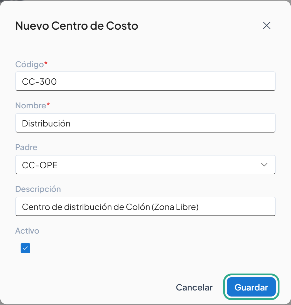 Cuadro Nuevo Centro de Costo completo con el botón Guardar resaltado