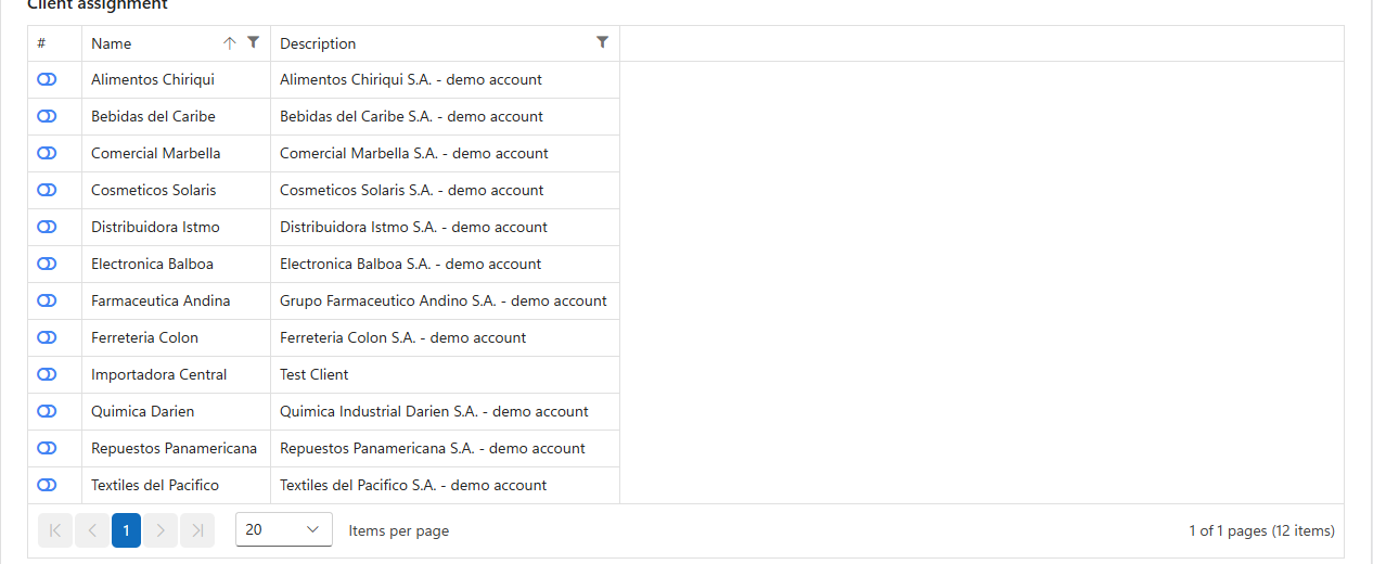The Client assignment list of a zone, with a switch for each client