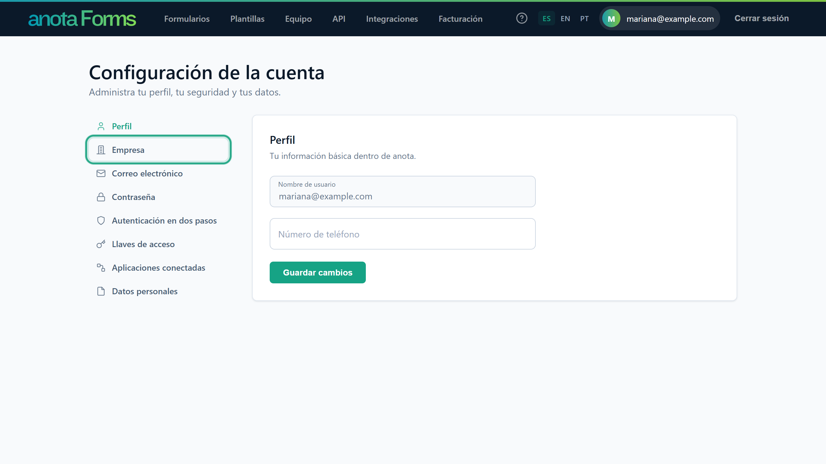 La página Configuración de la cuenta con el enlace Empresa resaltado en el menú de la izquierda