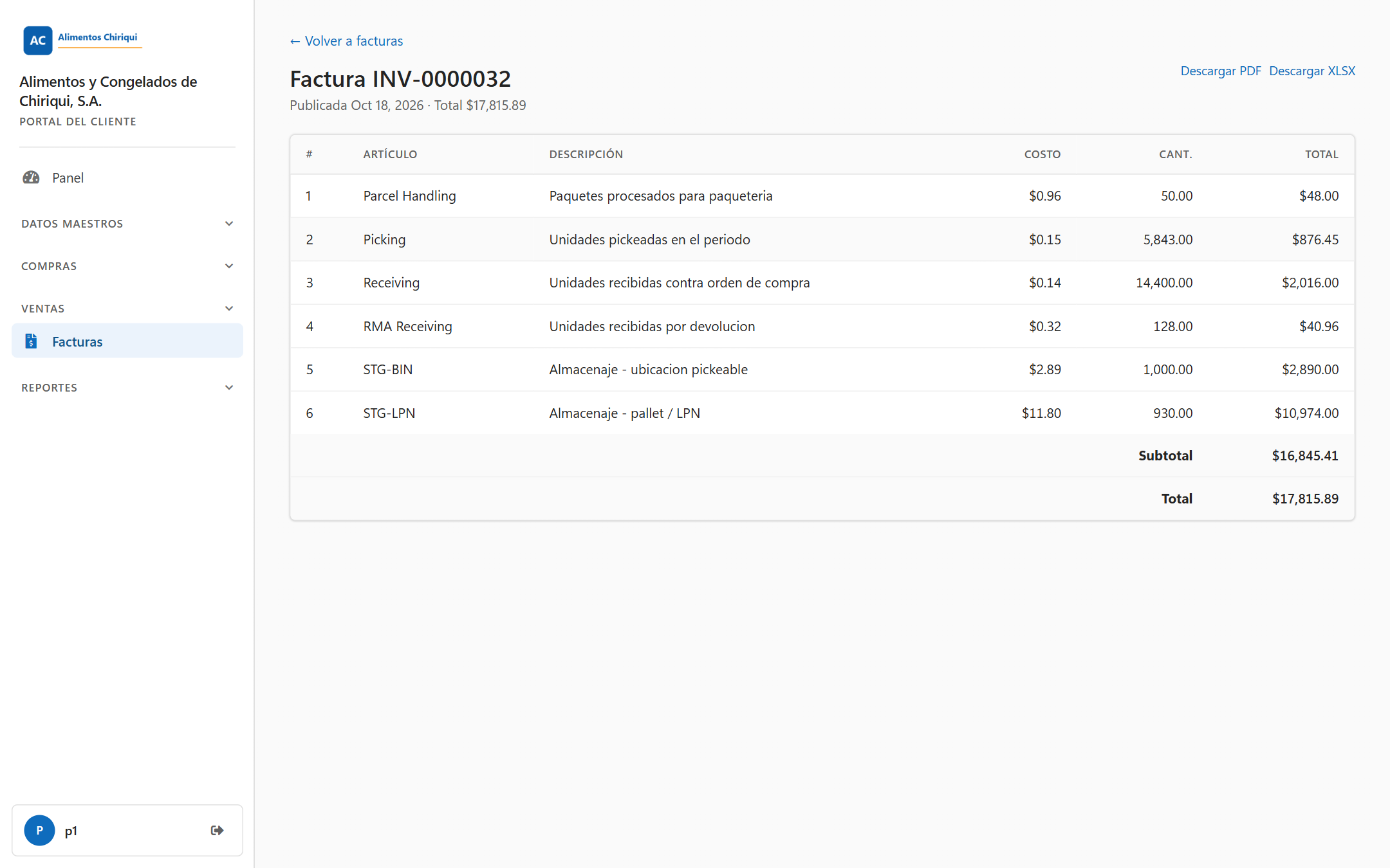 Una página de detalle de factura con la tabla de cargos y los enlaces de descarga