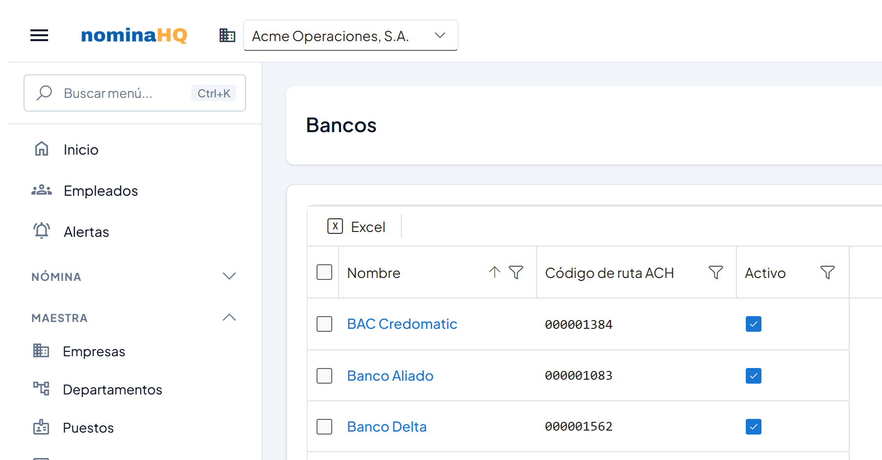 Pantalla Bancos con el menú Maestra → Bancos resaltado