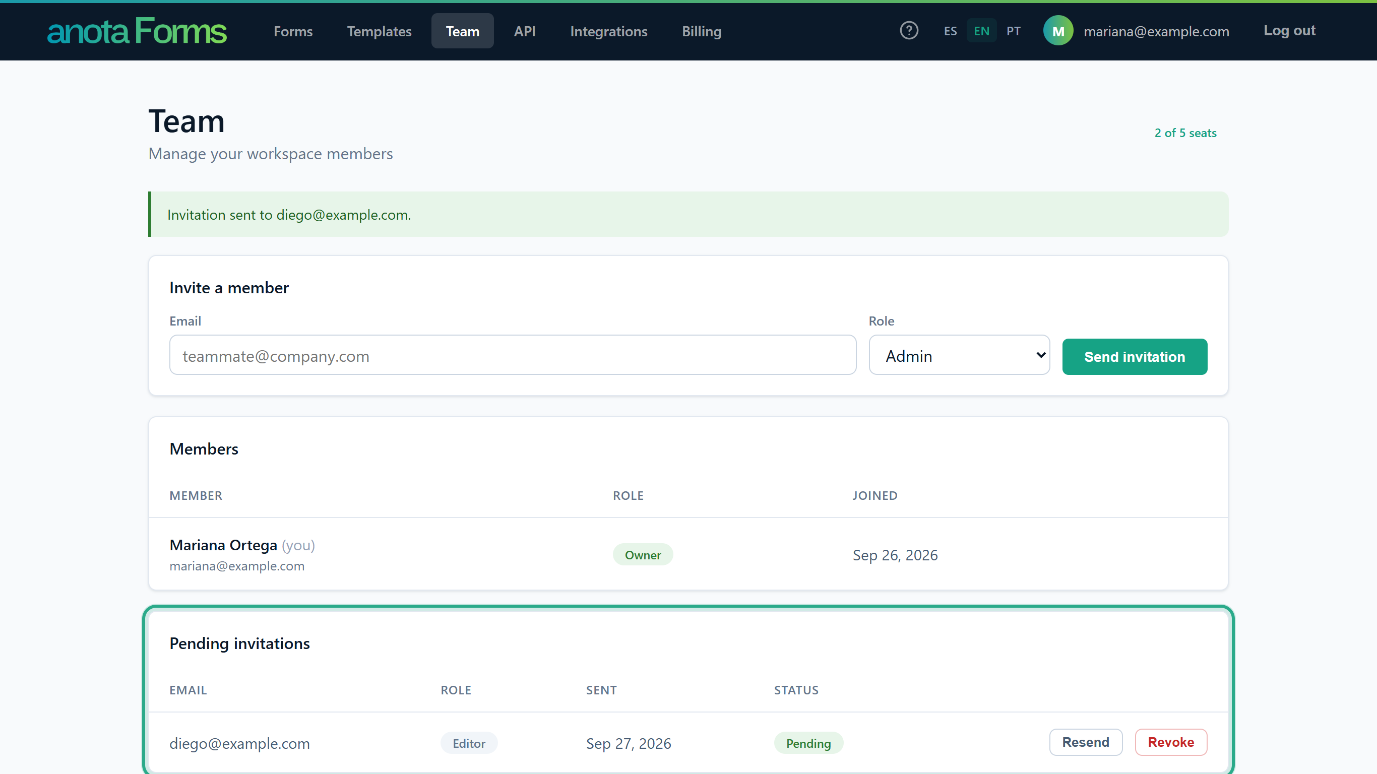 The Team page with the Invitation sent to diego@example.com message and the outlined Pending invitations table listing diego@example.com as Editor, Pending, with Resend and Revoke buttons