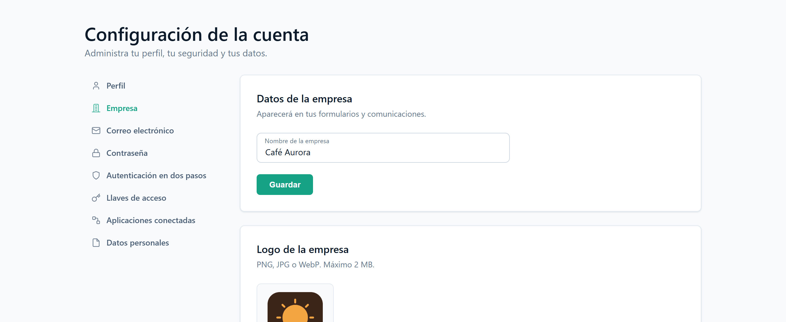 Página Empresa de la configuración de la cuenta con las tarjetas Datos de la empresa y Logo de la empresa