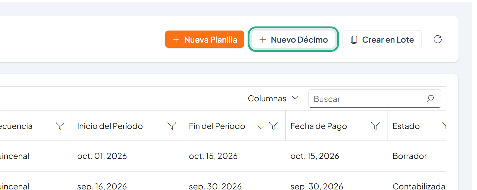 Botón Nuevo Décimo resaltado junto a Nueva Planilla