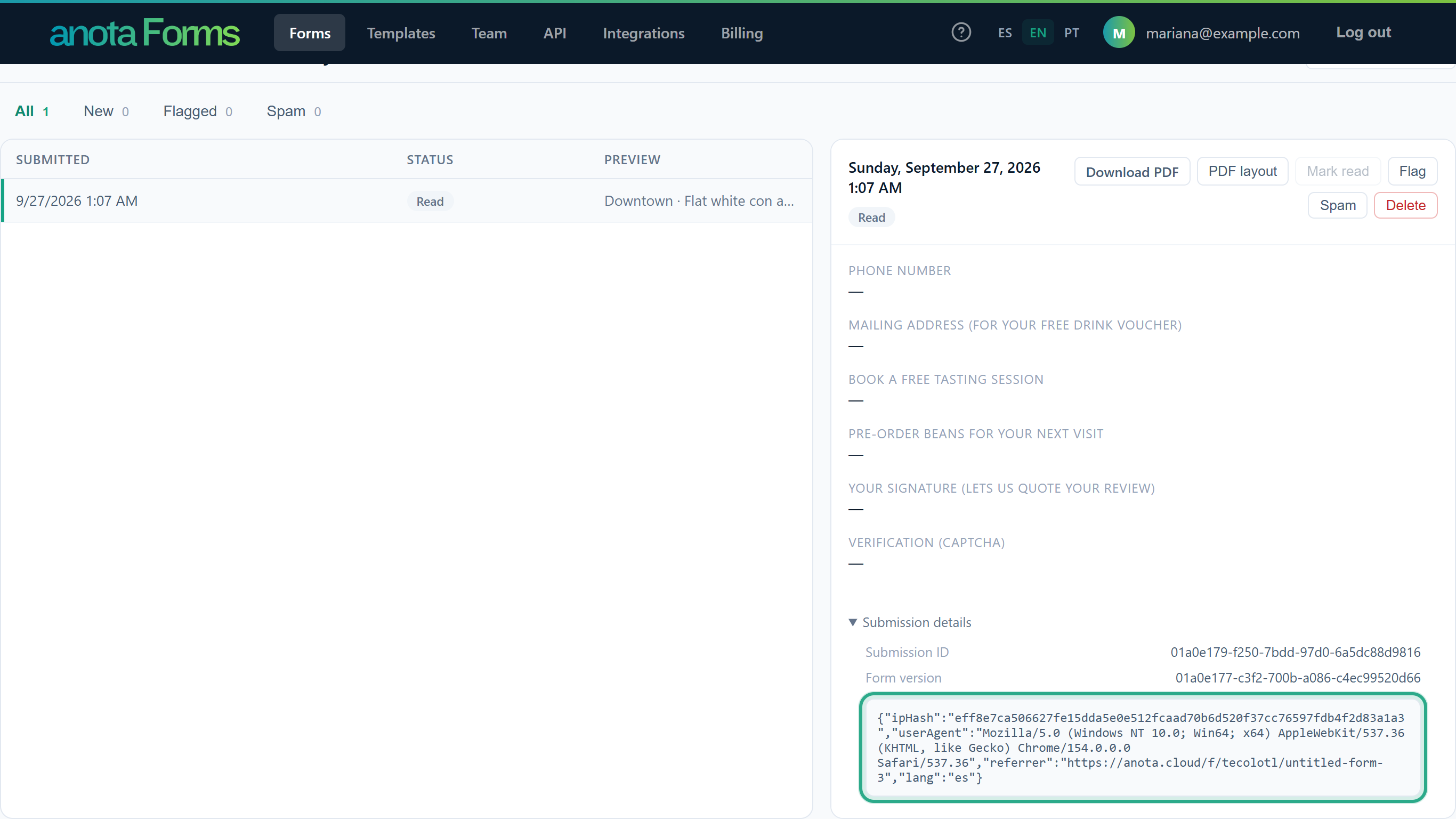 The Submission details section expanded, with the technical details box outlined, ending in "lang":"es"