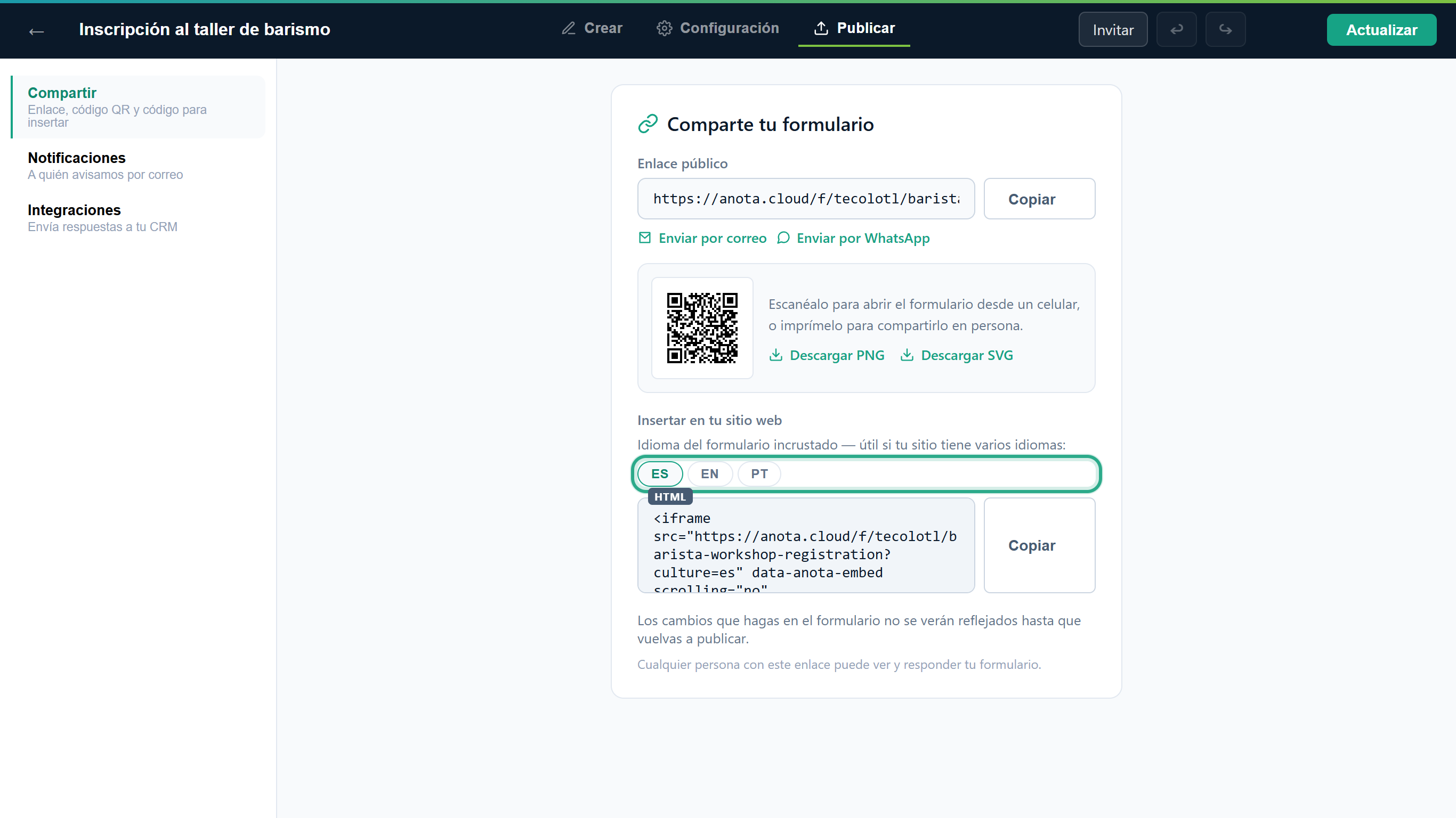 Las pestañas ES / EN / PT de Insertar en tu sitio web, resaltadas, con ES seleccionado