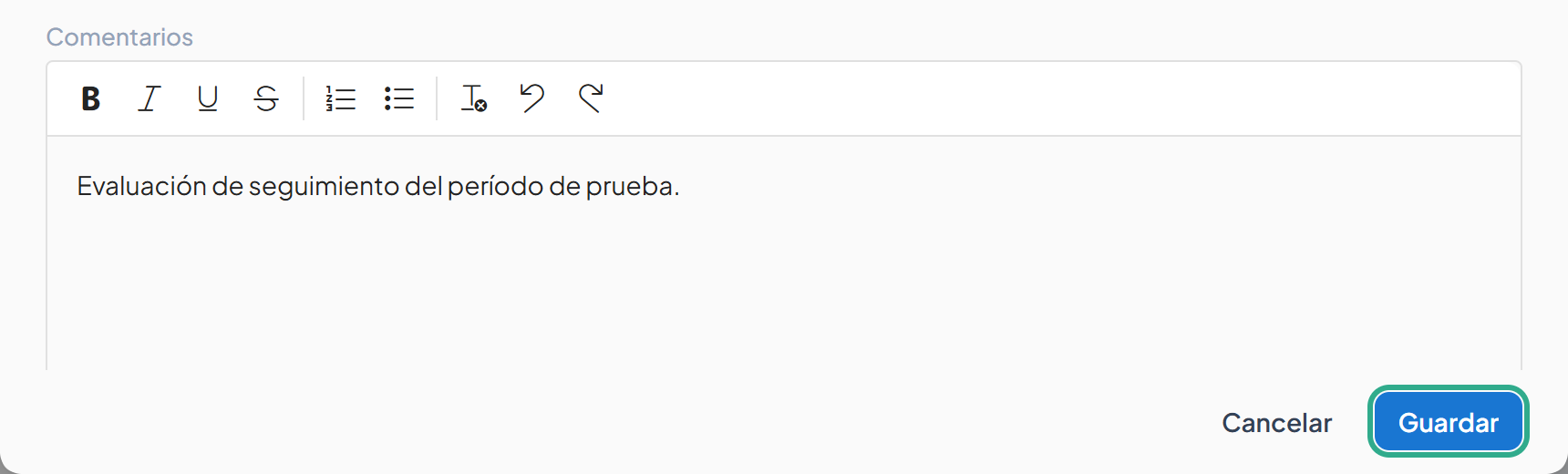 Parte inferior del cuadro Nueva evaluación con el botón Guardar resaltado
