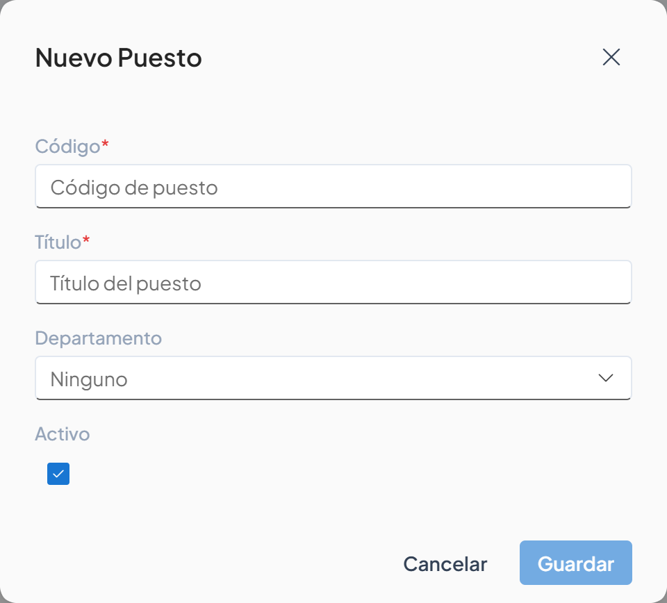 Cuadro Nuevo Puesto vacío con los campos Código, Título, Departamento y Activo