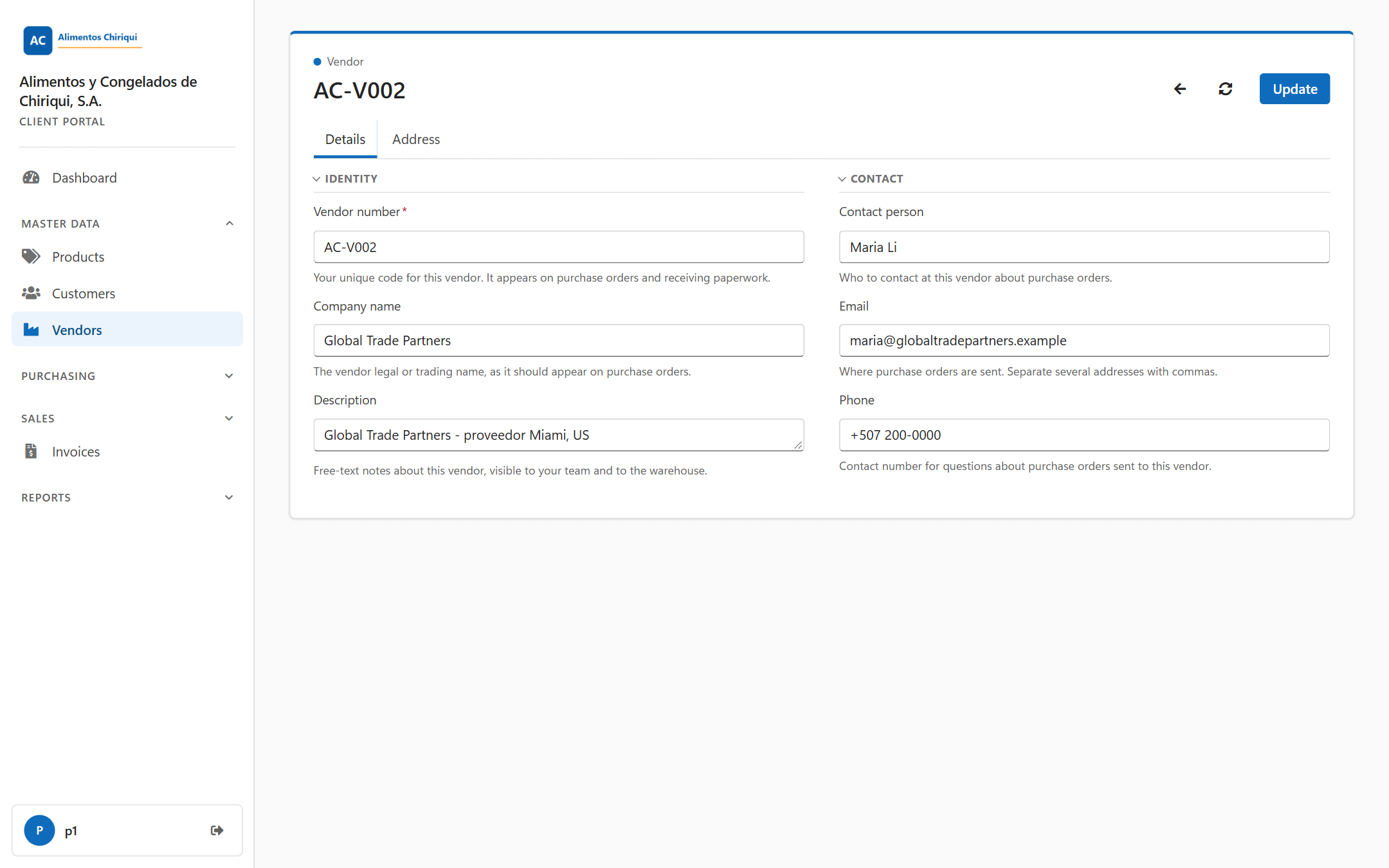 The Details tab of a vendor with the Identity and Contact sections