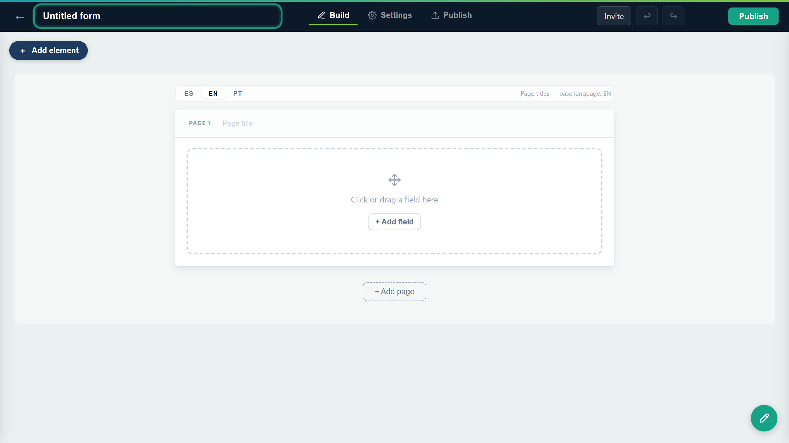 The empty form builder with the Untitled form title outlined at the top left