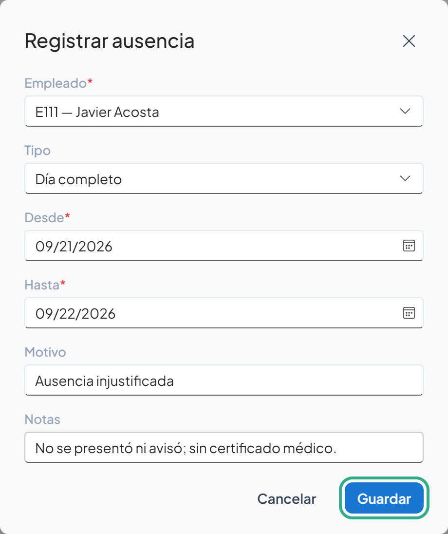 Cuadro Registrar ausencia completo con el botón Guardar resaltado