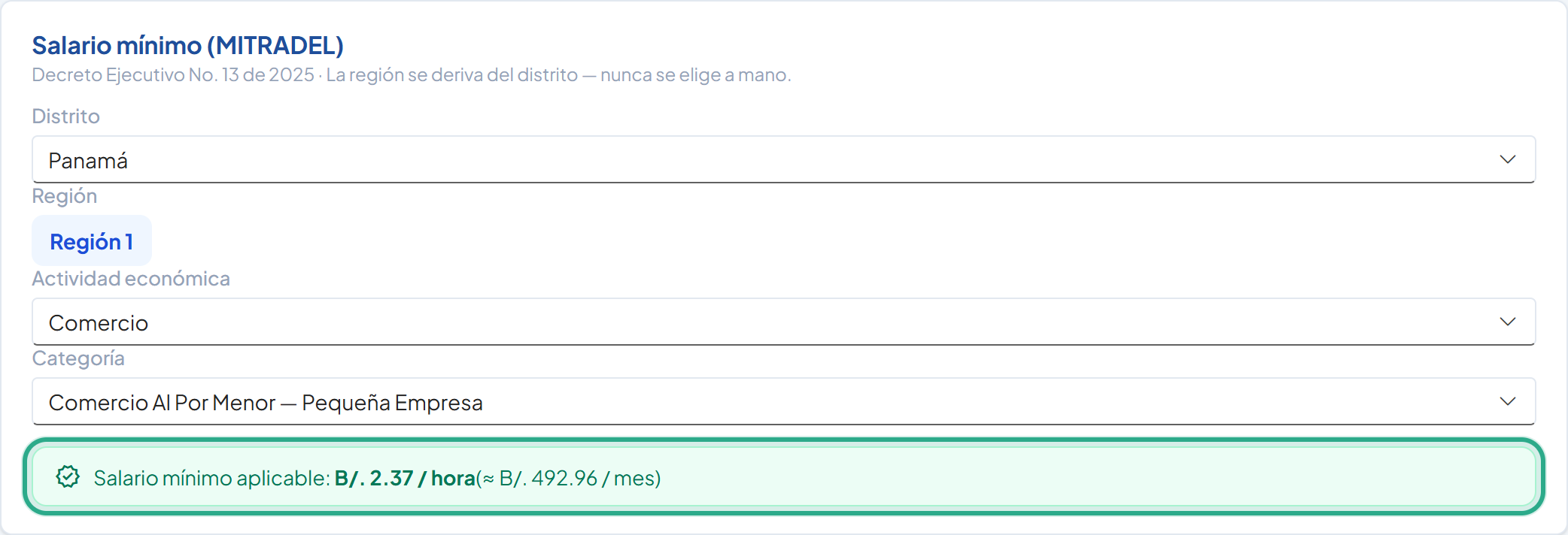 Recuadro Salario mínimo aplicable: B/. 2.37 / hora (≈ B/. 492.96 / mes) resaltado