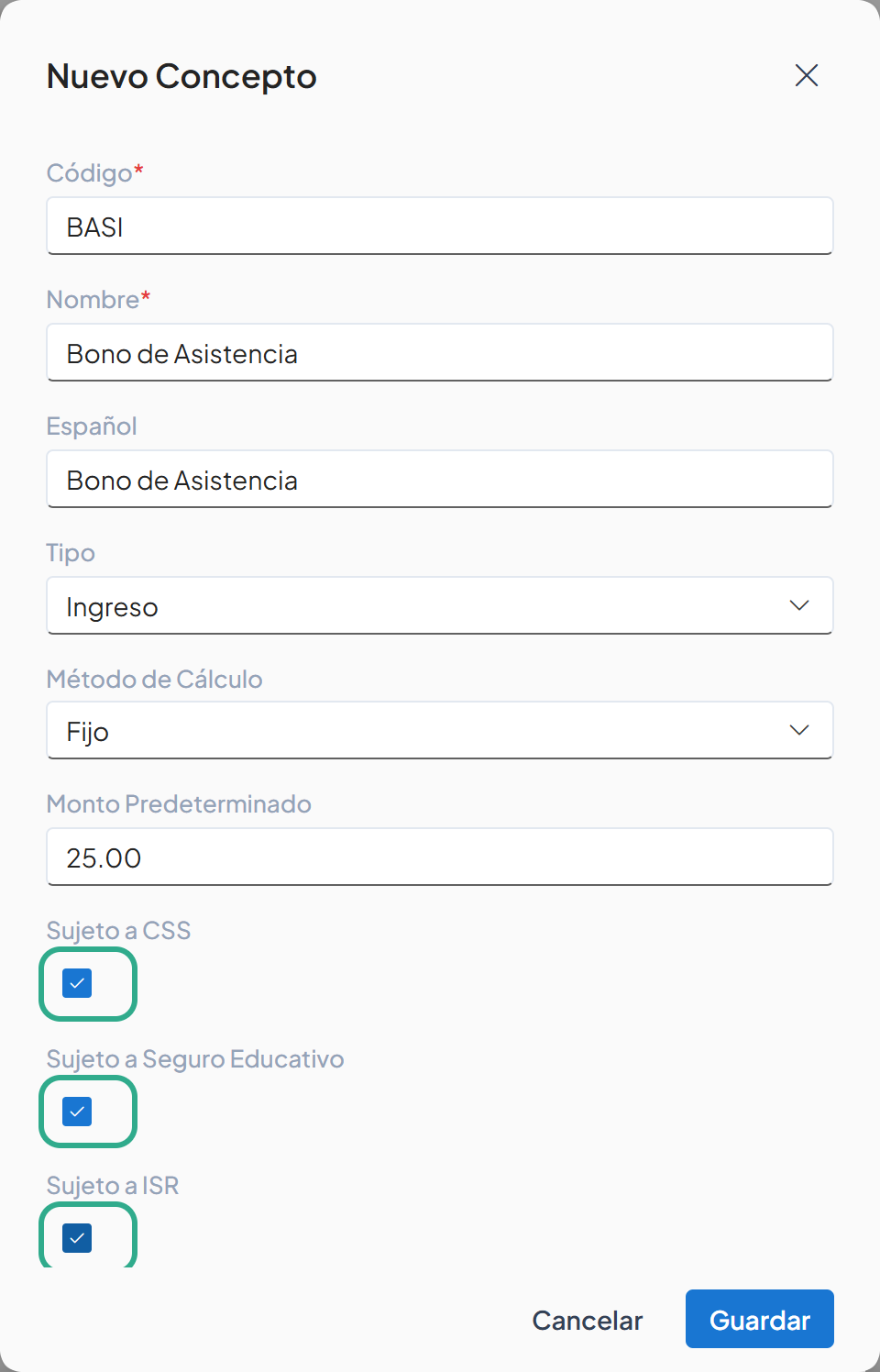 Casillas Sujeto a CSS, Sujeto a Seguro Educativo y Sujeto a ISR resaltadas y marcadas