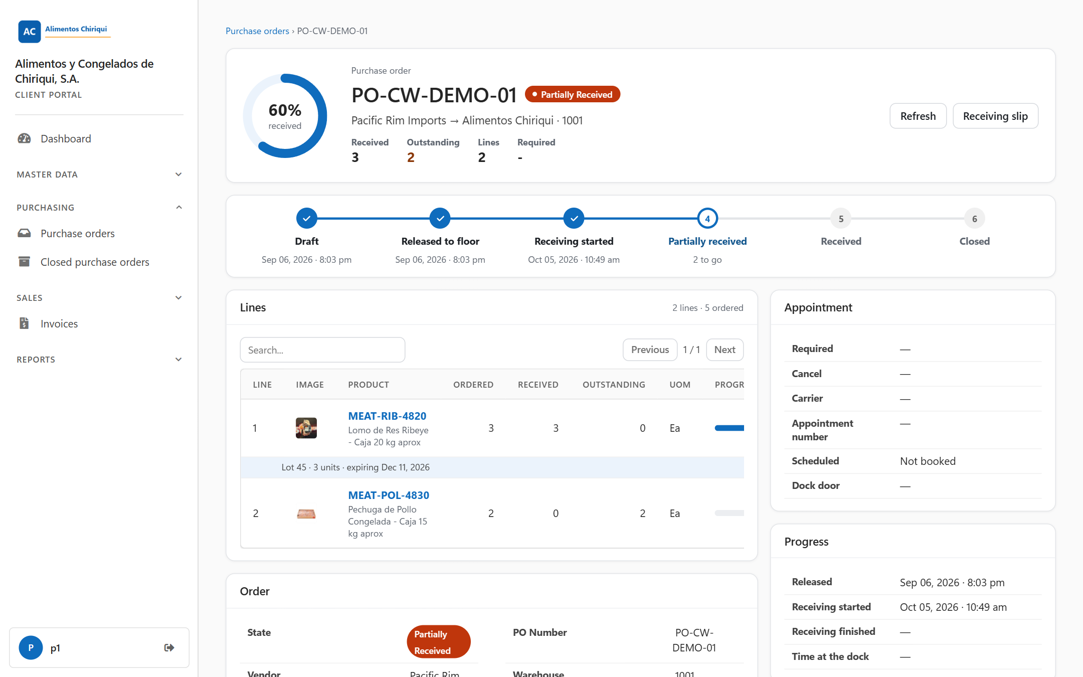 A partly received purchase order page with the received ring, the six steps, the lines with their progress bars, and the Appointment and Progress cards