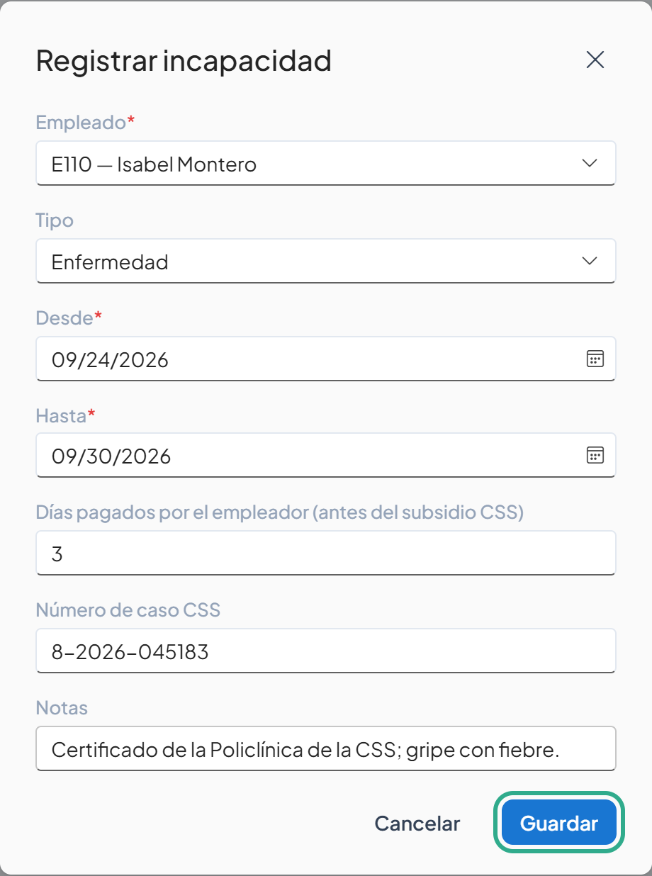 Cuadro Registrar incapacidad completo con el botón Guardar resaltado