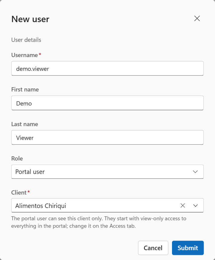 The New user dialog with the Portal user role and a client chosen