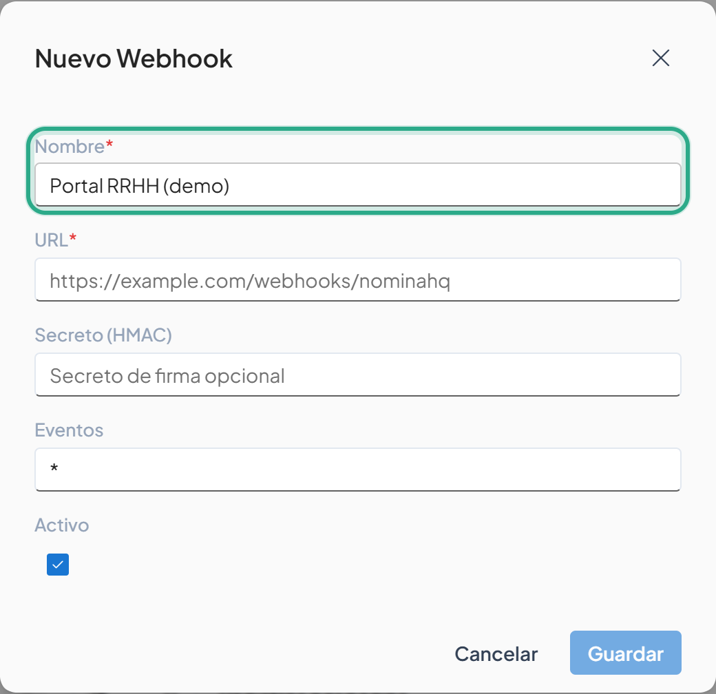 Cuadro Nuevo Webhook con el campo Nombre resaltado