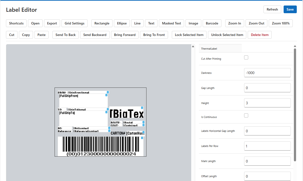 The Label Editor with the 4x3 carton label: the toolbar, the label with its data fields in brackets and the SSCC barcode, and the property panel