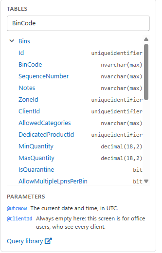 The Tables panel searched for BinCode, with the Bins table unfolded to show its columns and their types