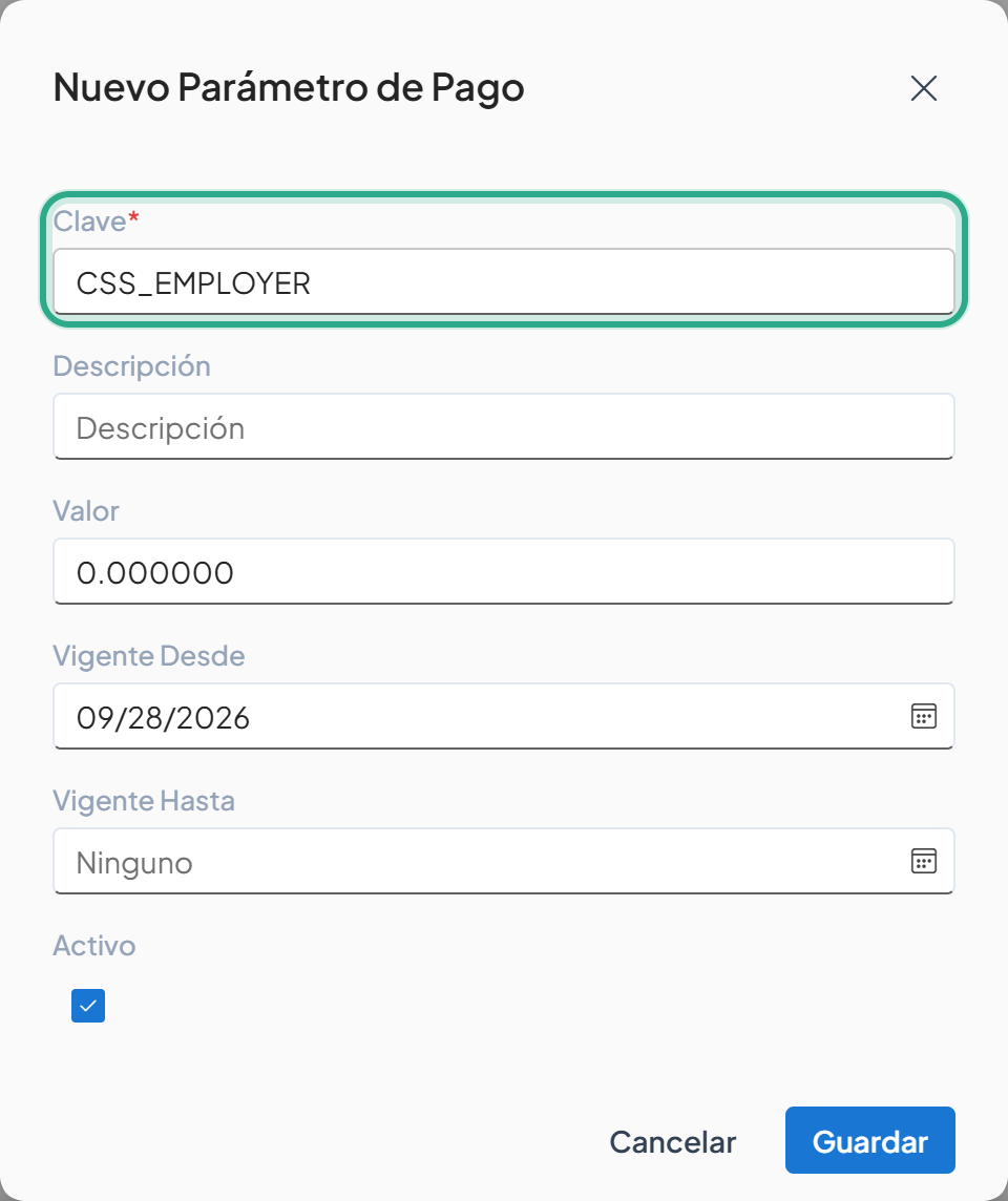Cuadro Nuevo Parámetro de Pago con el campo Clave resaltado y el valor CSS_EMPLOYER