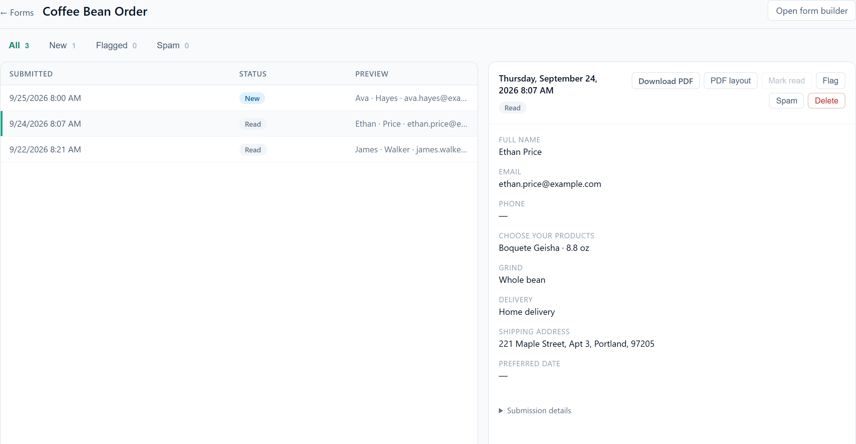 The submissions inbox of an order form with one order open, showing the chosen product, grind, delivery and shipping address