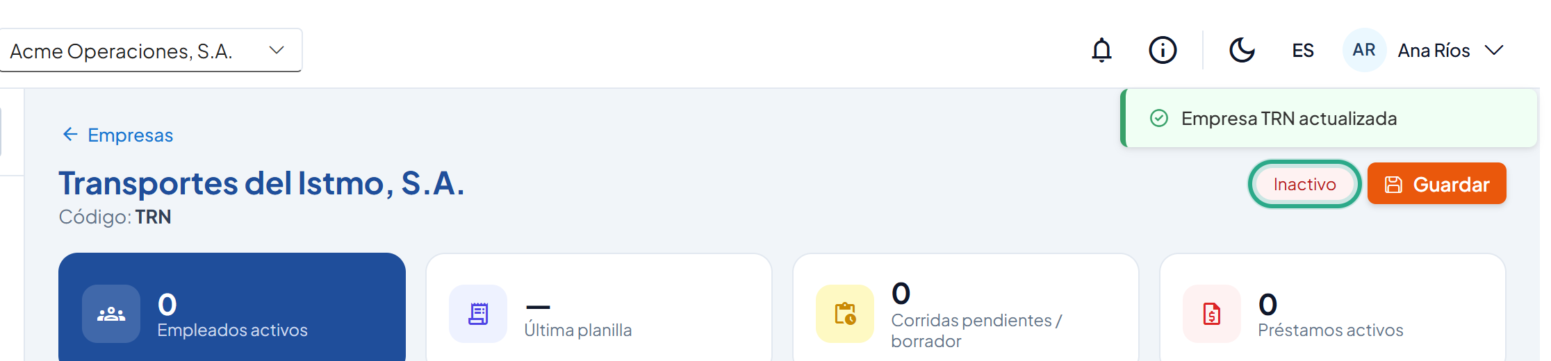 Encabezado con la etiqueta Inactivo resaltada y el mensaje Empresa TRN actualizada