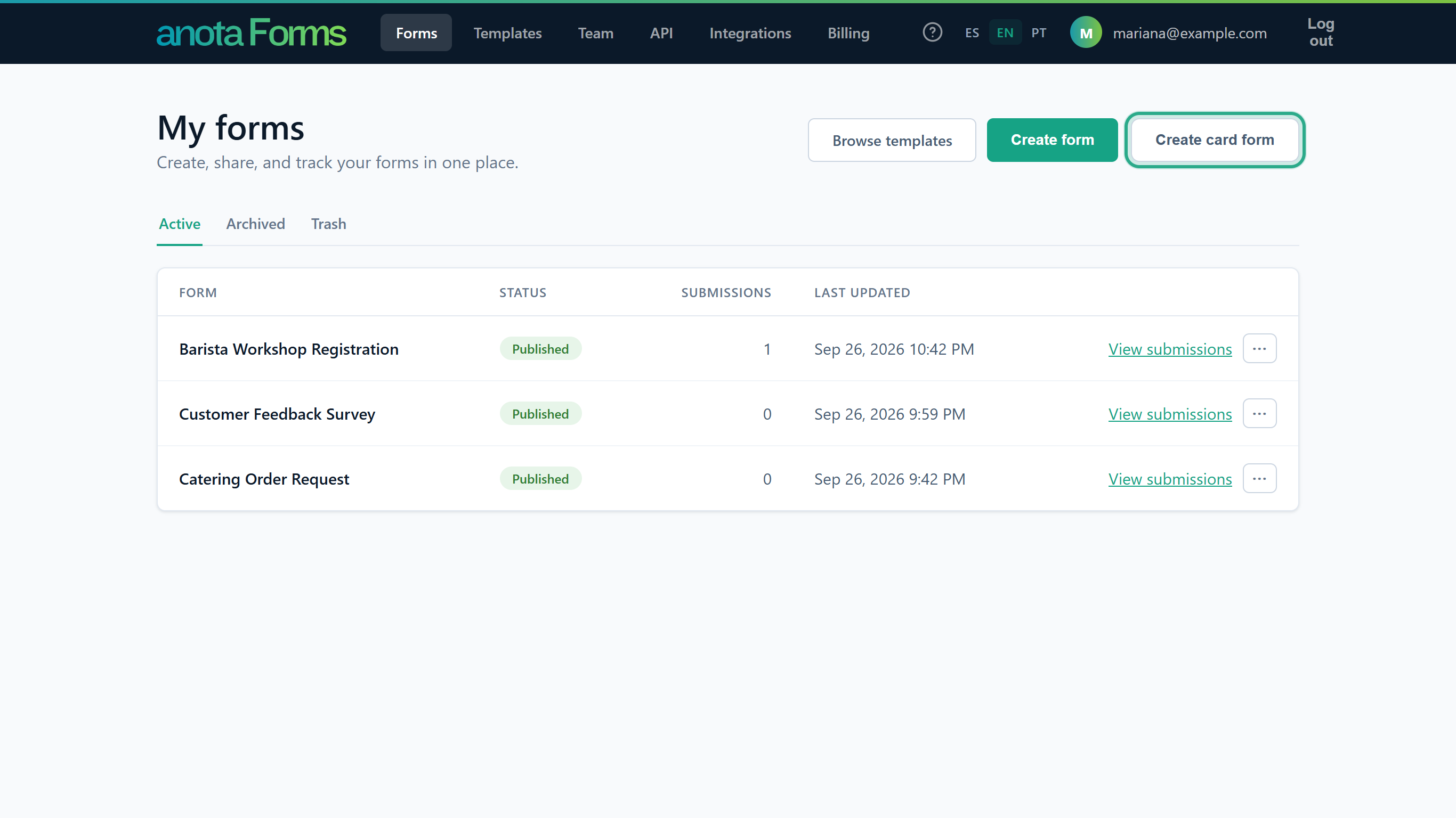 The My forms page with the Browse templates, Create form and Create card form buttons, with Create card form outlined