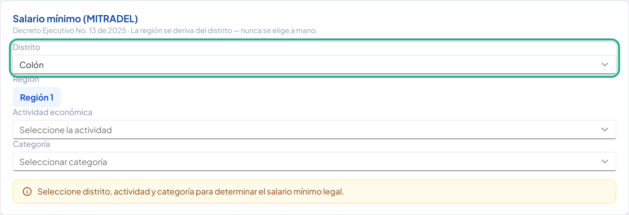 Sección Salario mínimo con el campo Distrito resaltado en Colón y la Región 1 calculada