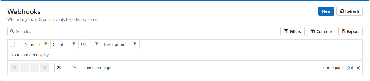 The Webhooks list with its Name, Client, Url and Description columns and the New button
