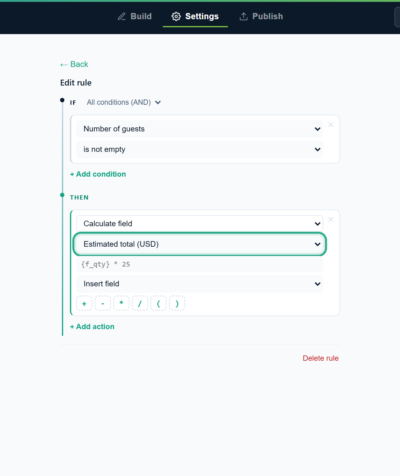 The Calculate field action with its target list set to Estimated total (USD), outlined